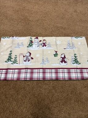 Cream Snowman Holiday Valance Window Curtain with Red Plaid Trim